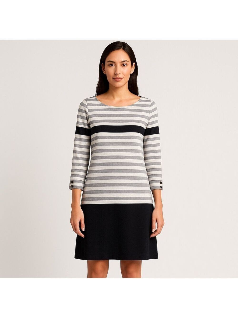 Hatley 100% cotton shift dress tunique striped grey white pink 3/4 sleeves